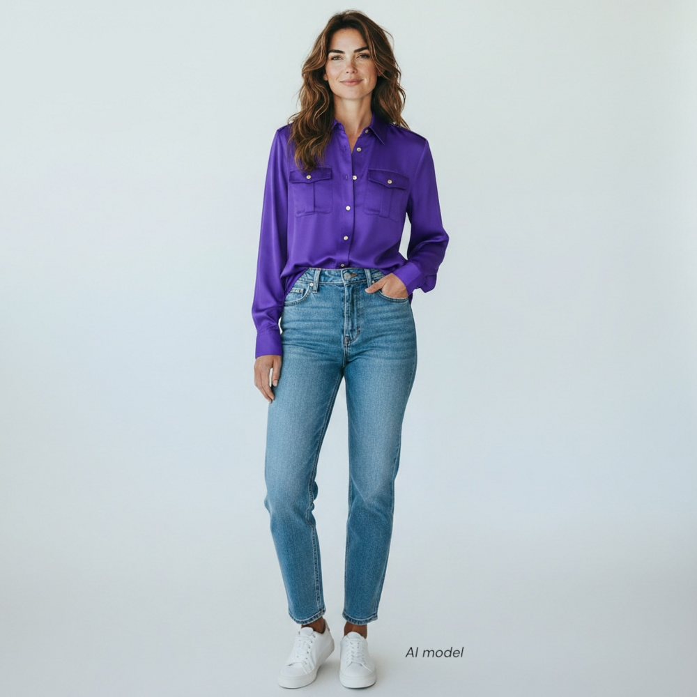 Ralph Lauren Shirt Womens 4 Purple Blue Silk Flowy Epaulette Black Label Career